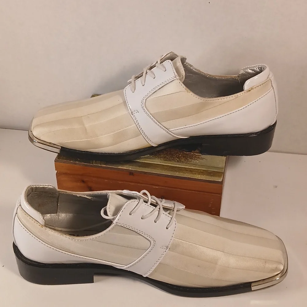 Bolano Mens Cream Lace Up Striped Avant Syyle Tuxedo Oxfords Sz 8.5